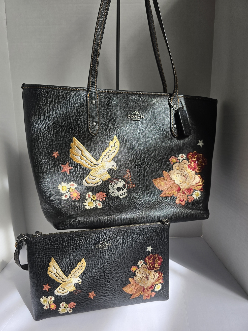 COACH Black Tattoo Embroidered Tote Floral  Eagle Skull Tote Matching Wristlet